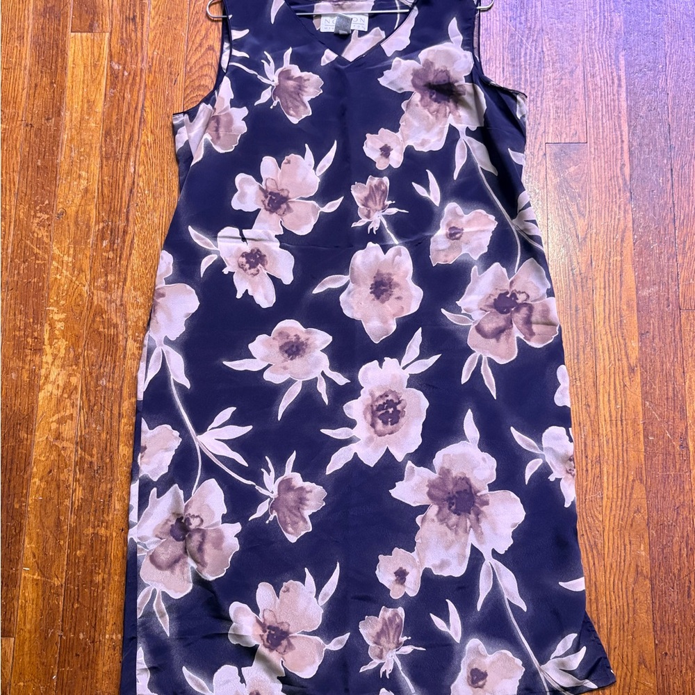 Norton McNaughton Navy Floral Midi Dress Size Large 100% Polyester